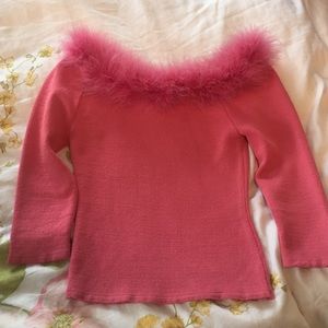 Feather trim rose color cropped sweater